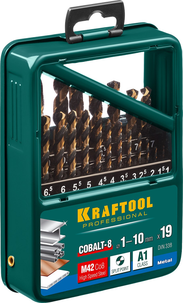 KRAFTOOL COBALT-8, 19 шт, (1-10 мм), сталь М42, HSS-Co(8%), набор сверл по металлу (29656-H19)
