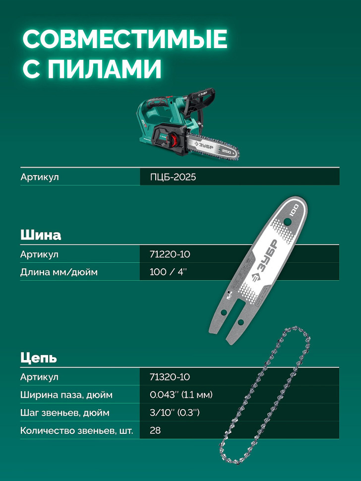 ЗУБР тип 20, 10 см, шаг 3/10″, паз 1.1 мм, 28 звеньев, шина (71220-10)