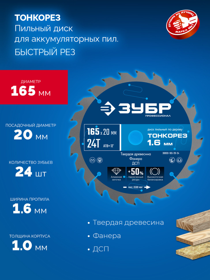 ЗУБР Тонкорез 165х20 x 1.6 мм, 24Т, диск пильный по дереву, тонкий рез, Профессионал (36933-165-20-24)
