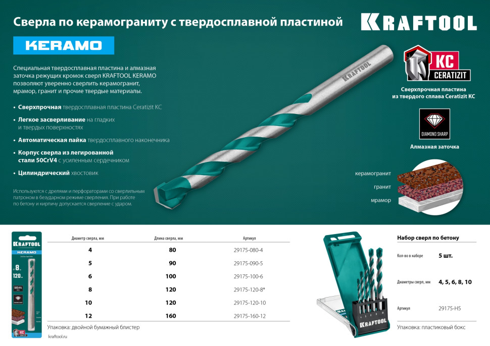 KRAFTOOL KERAMO, 8 х 120 мм, тв.сплав КС, сверло по керамограниту (29175-120-8)