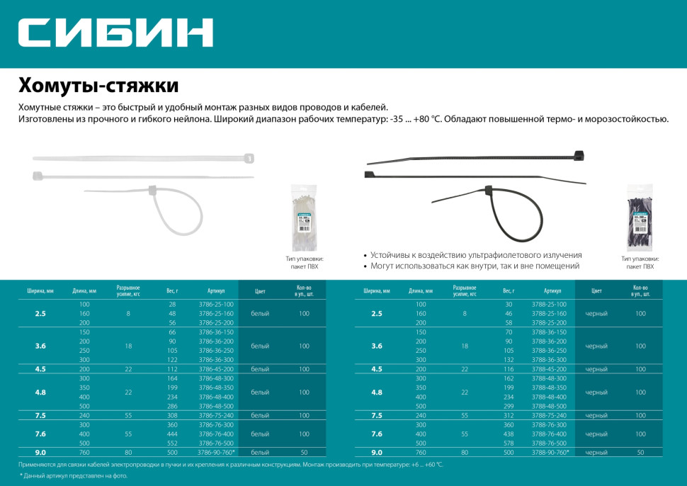 СИБИН ХС-Б, 4.8 x 500 мм, нейлон РА66, 100 шт, белые, хомуты-стяжки (3786-48-500)
