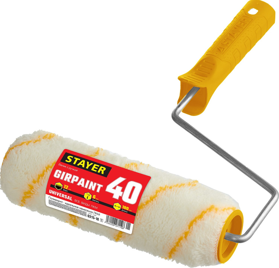 STAYER GIRPAINT, 40 х 180 мм, бюгель 6 мм, ворс 12 мм, полиакрил, все виды ЛКМ, малярный валик (0315-18)