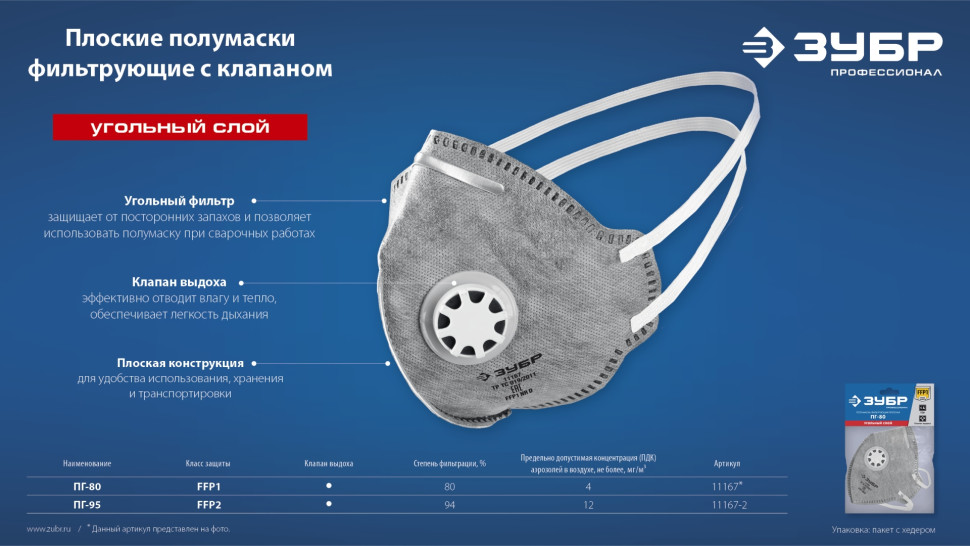 ЗУБР ПГ-95, класс защиты FFP2, плоская, с угольным слоем, фильтрующая полумаска с клапаном выдоха, Профессионал (11167-2)