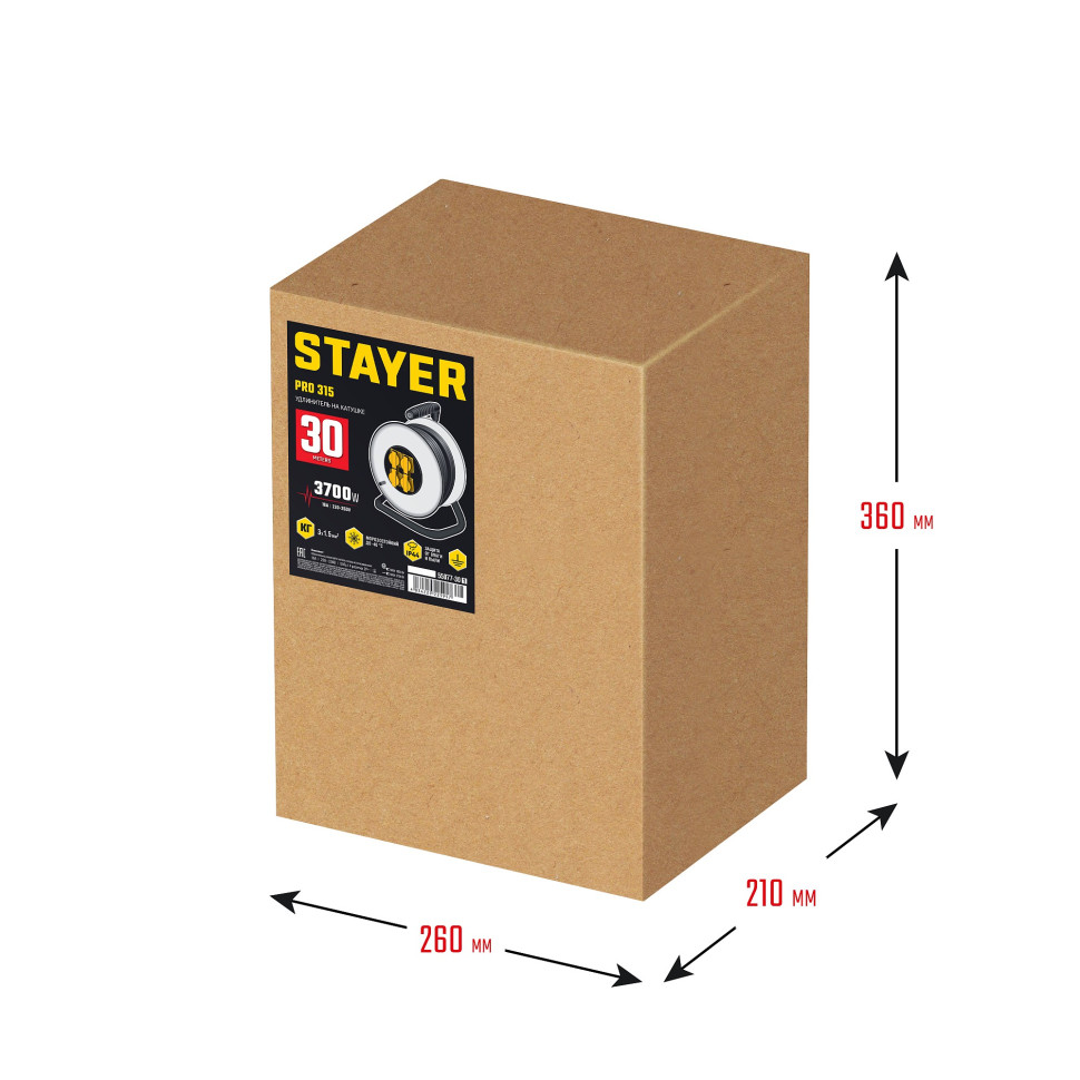 STAYER PRO-315, КГ, 3 x 1.5 мм2, 30 м, 3700 Вт, IP44, силовой удлинитель на стальной катушке (55077-30)