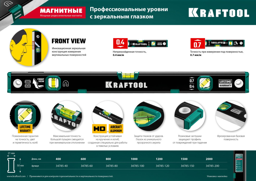 KRAFTOOL 1200 мм, усиленный профиль, с зеркальным глазком, магнитный уровень (34785-120)