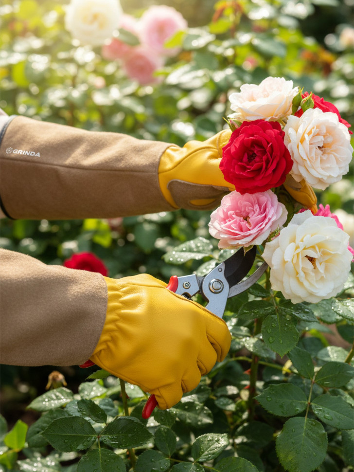 GRINDA ROSE, M (8), кожаные садовые перчатки для колючих кустарников с увеличенной крагой, усиленная ладонь и кончики пальцев, PRO Line (11303-M)