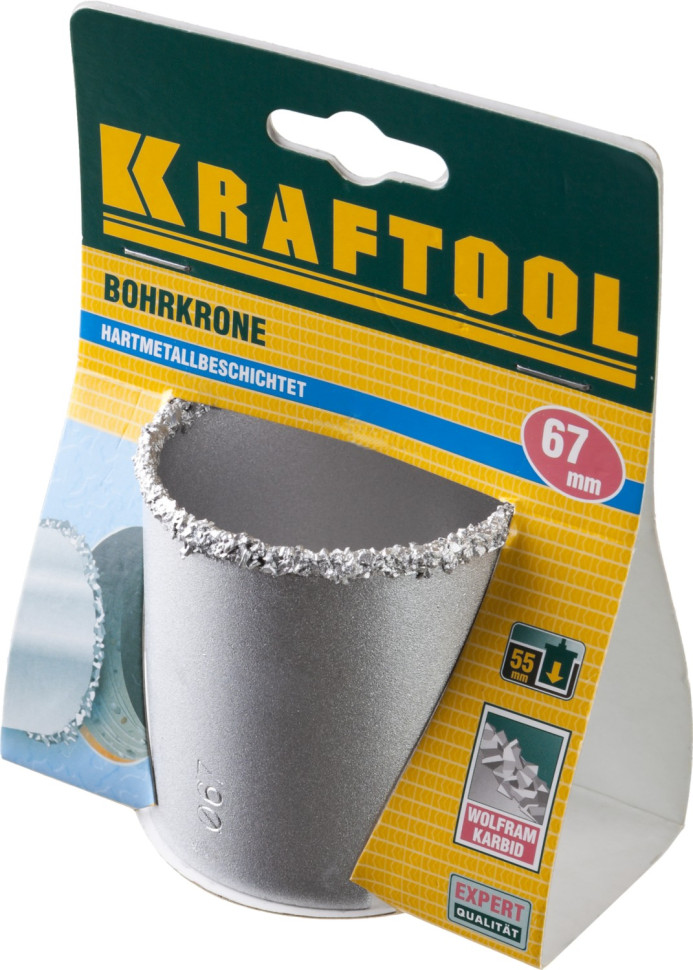 KRAFTOOL 67 мм, L 55 мм, карбид вольфрама, коронка кольцевая (33401-67)