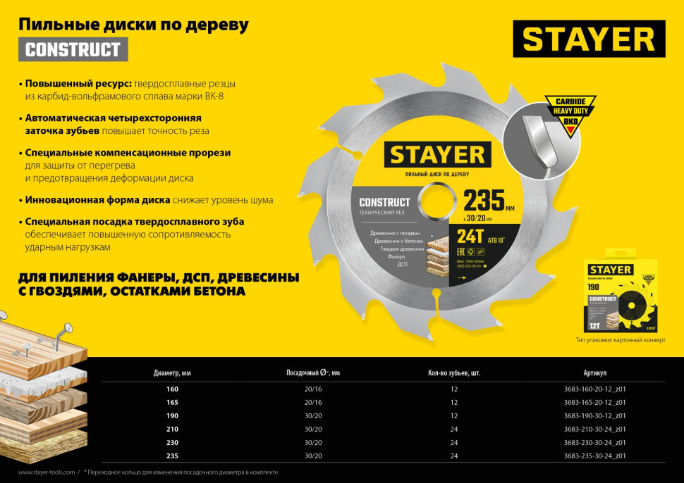 STAYER Construct, 230 x 30/20 мм, 24Т, технический рез, пильный диск по дереву (3683-230-30-24)