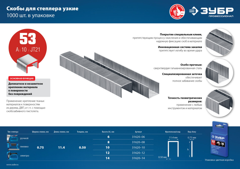 ЗУБР скобы тип 53 (A/10/JT21), 14 мм, калибр 23GA. 1000 шт. Профессионал (31620-14)