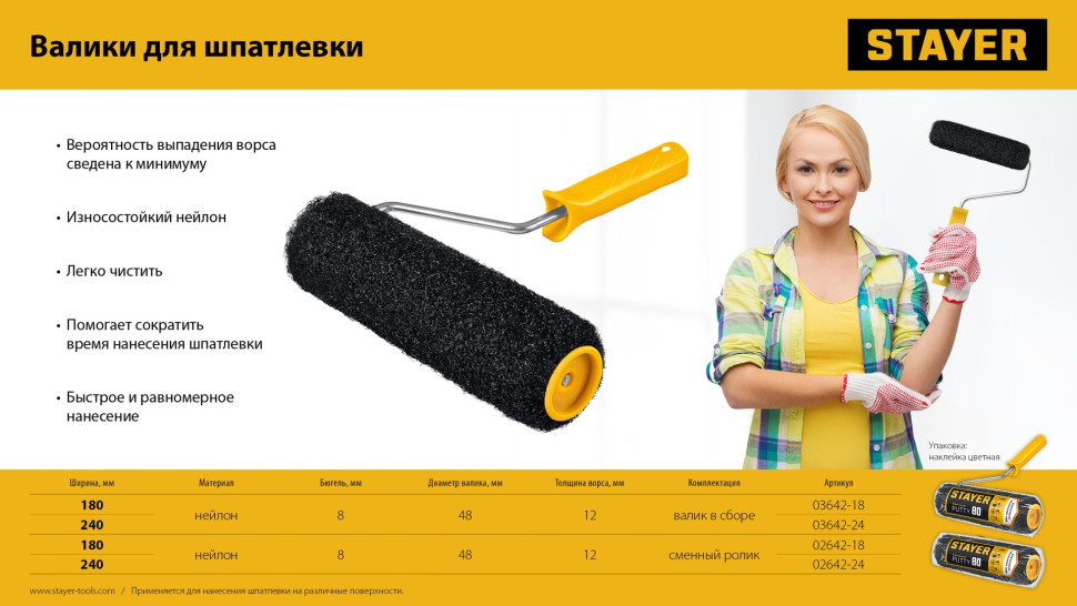 STAYER PUTTY 80 мм, 180 мм, 8 мм ручка, ролик для шпатлевки, PROFESSIONAL (02642-18)
