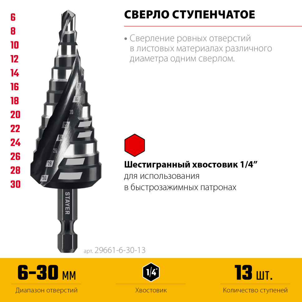 STAYER Pro-Max 6-30мм, 13 ступеней, винтовая спираль, сверло ступенчатое (29661-6-30-13)