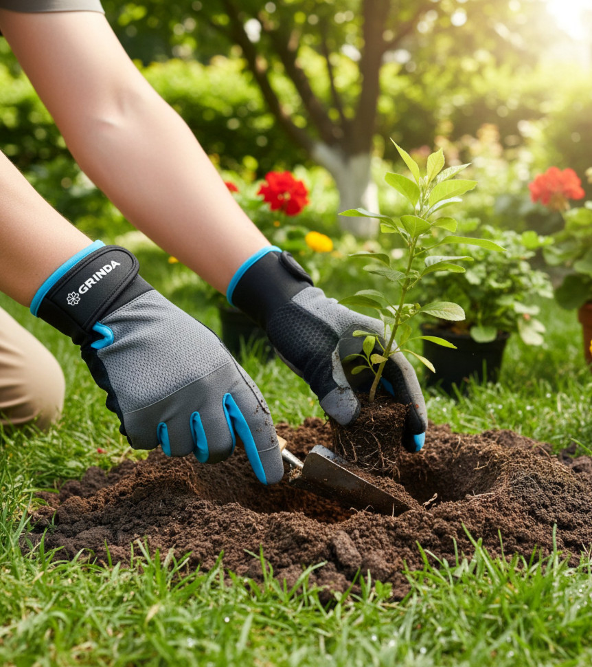 GRINDA FLORA, S (7), садовые перчатки из искусственной кожи с усиленным наладонником и кончиками пальцев, противоскользящие, PRO Line (1138-S)