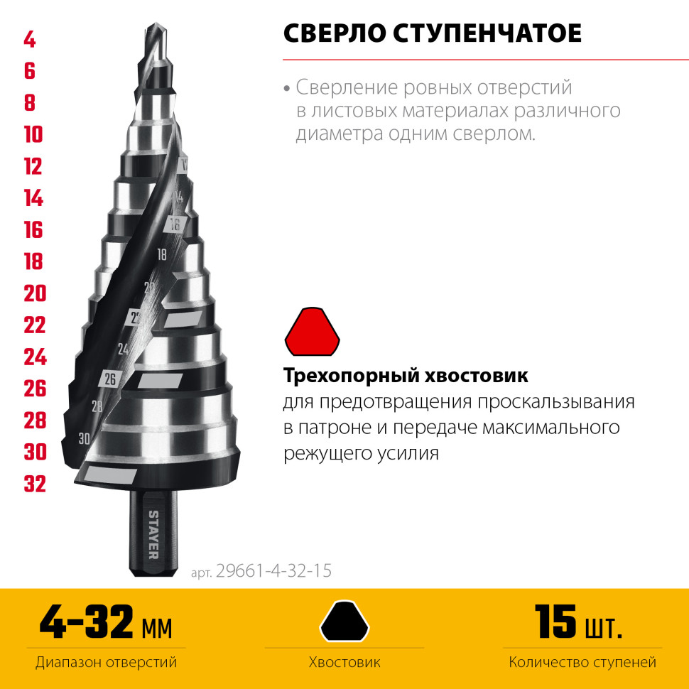 STAYER Pro-Max 4-32мм, 15 ступеней, винтовая спираль, сверло ступенчатое (29661-4-32-15)