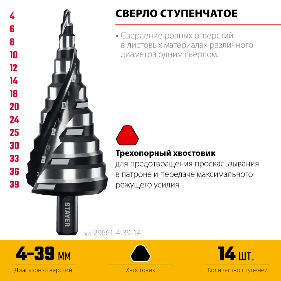 STAYER Pro-Max 4-39мм, 14 ступеней, винтовая спираль, сверло ступенчатое (29661-4-39-14)
