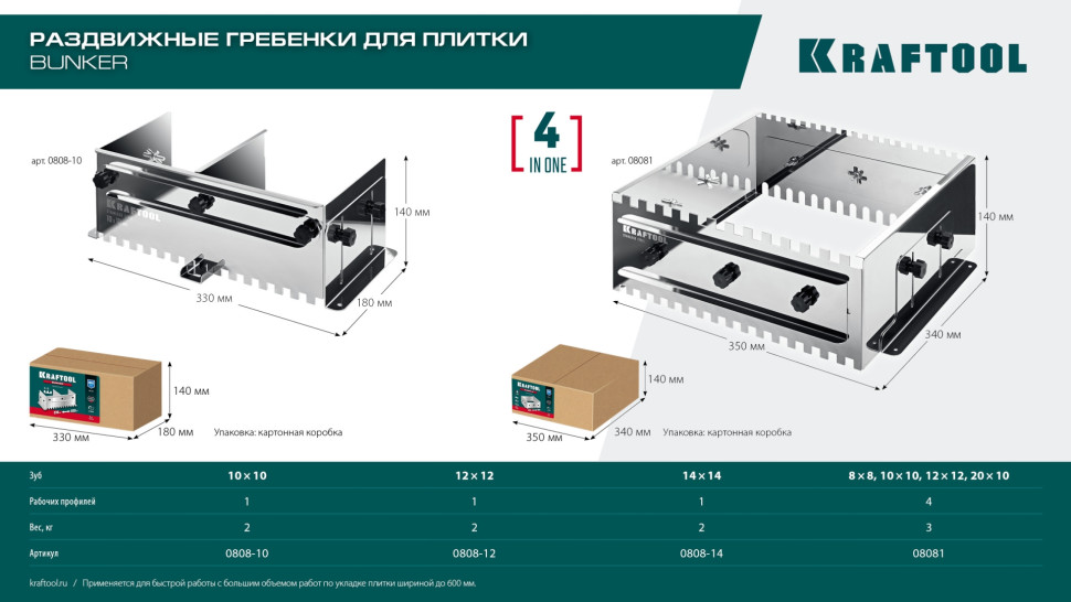KRAFTOOL BUNKER-4 зуб 8, 10, 12 мм, полукруг 10х20 мм, нерж. сталь, Раздвижная гребенка для плитки (08081)