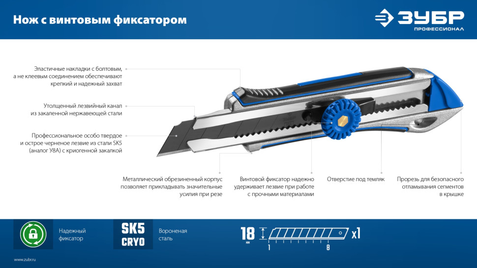 ЗУБР Титан-В, 18 мм, металлический обрезиненный нож с винтовым фиксатором, Профессионал (09174)