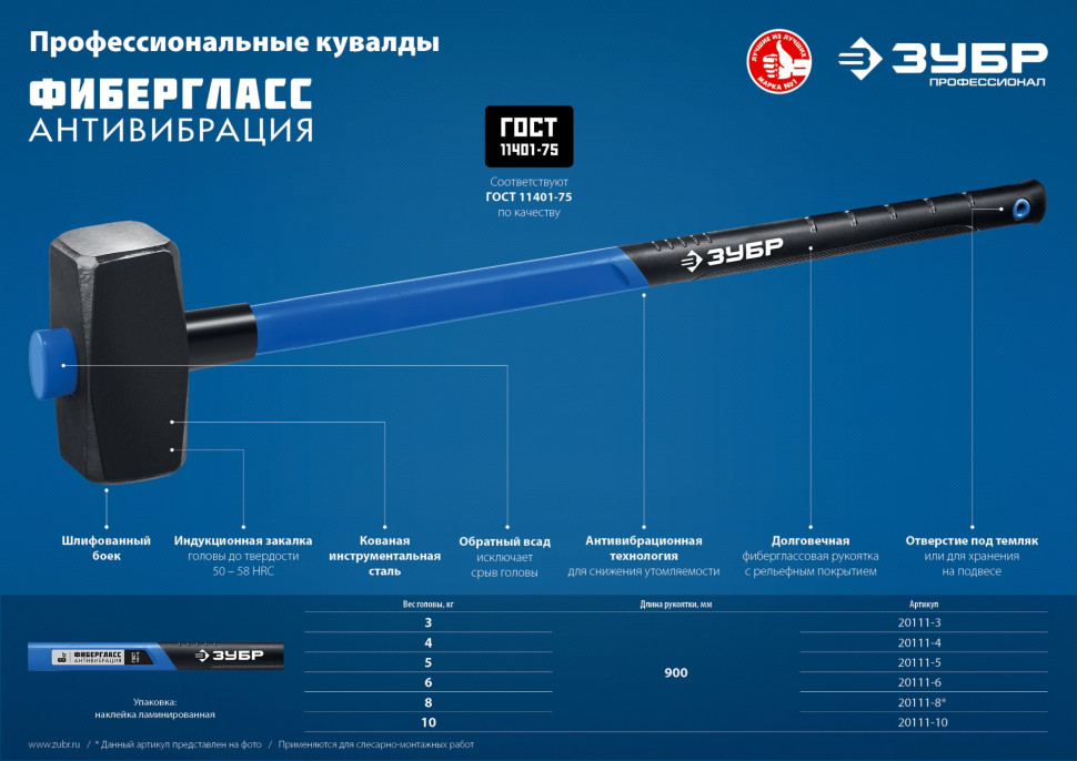 ЗУБР 3 кг, кувалда с удлинённой рукояткой, Профессионал (20111-3)
