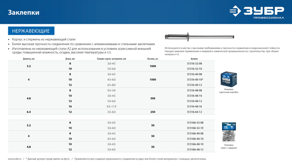 ЗУБР 4.0 x 10 мм, 50 шт, нержавеющие заклепки, Профессионал (313166-40-10)