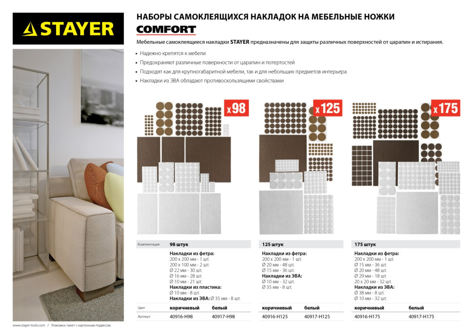 STAYER белые, самоклеящиеся, 125 шт, набор мебельных накладок (40917-H125)