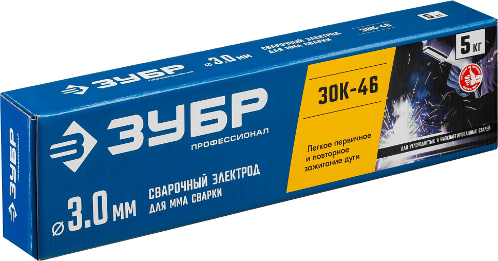 ЗУБР Д 3.0 х 350 мм, 5 кг в коробке, ЗОК-46 рутил-целлюлозный, электрод сварочный, Профессионал (40035-3.0)