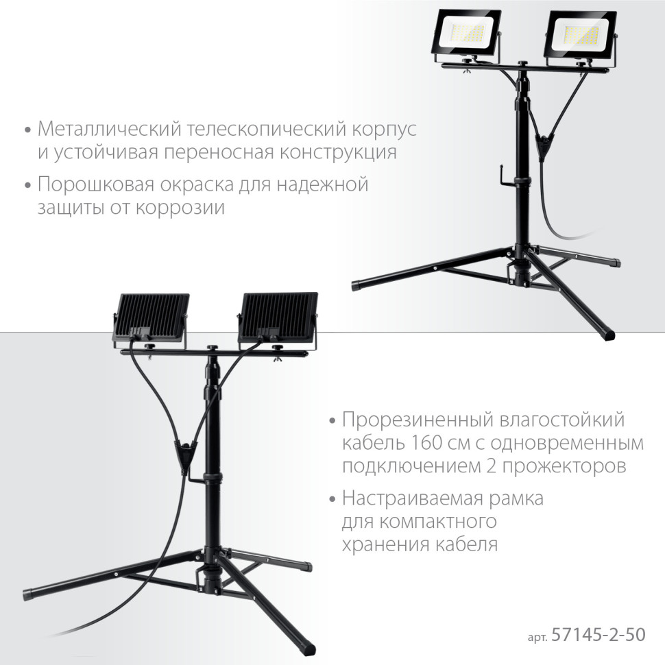 ЗУБР ПСК 50х2, 2 х 50 Вт, 6500 К, IP 65, 1.6 м, светодиодные прожекторы на штативе, Профессионал (57145-2-50)