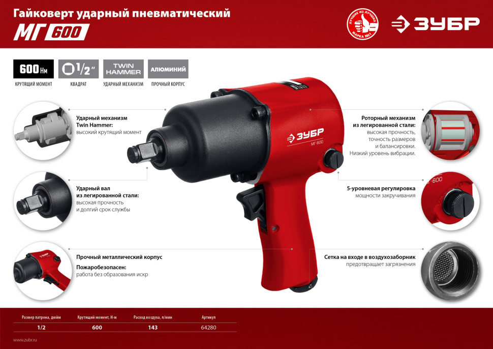 ЗУБР МГ-600, 1/2″, 600 Н·м, ударный пневматический гайковерт (64280)