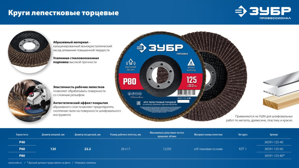 ЗУБР 125 х 22.2 мм, P80, КЛТ, Круг лепестковый торцевой (36591-125-80)