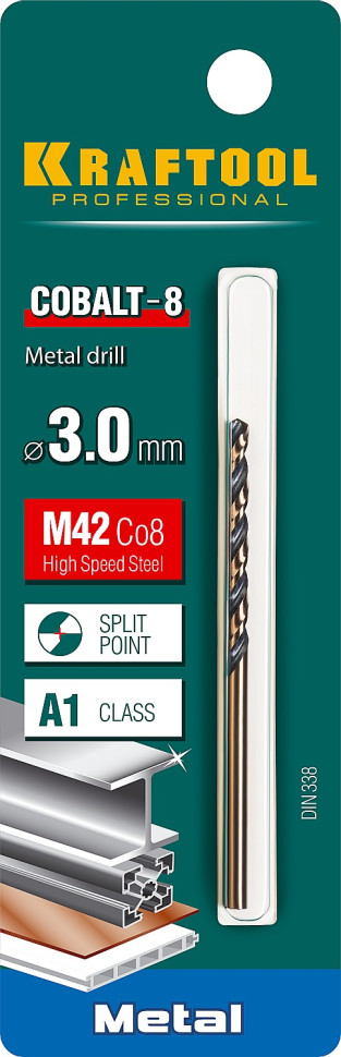 KRAFTOOL COBALT-8, 3.0 х 61 мм, сталь М42, HSS-Co(8%), сверло по металлу (29656-3)