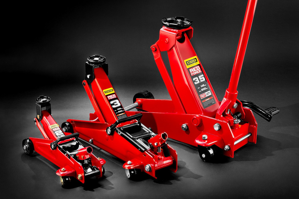 STAYER R-33 RED FORCE, 3 т, 135 - 400 мм, подкатной домкрат с увеличенным подъемом, Professional (43154-3)