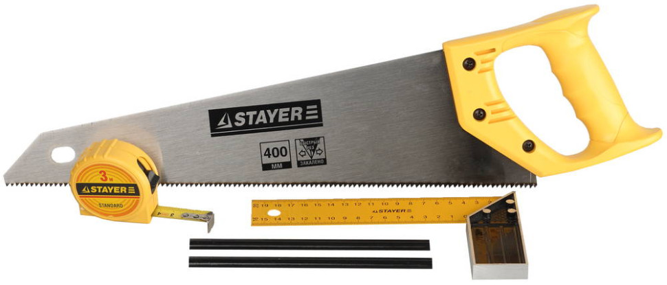 Набор STAYER ″STANDARD″ для столярных работ: ножовка по дереву 400 мм, угольник 200 мм, рулетка 3 м, 2 карандаша, 5 пред