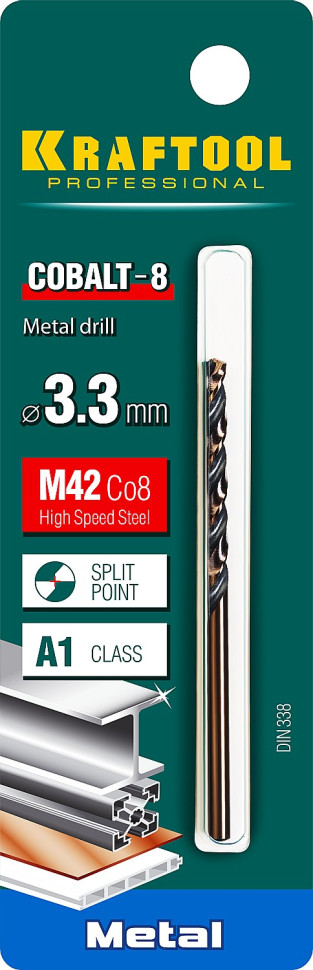 KRAFTOOL COBALT-8, 3.3 х 65 мм, сталь М42, HSS-Co(8%), сверло по металлу (29656-3.3)