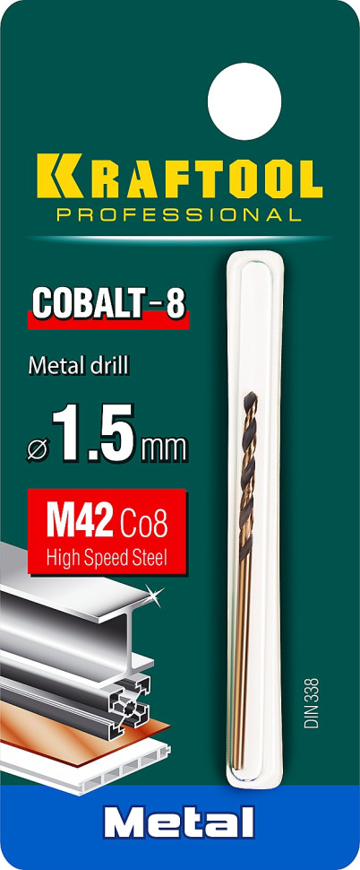 KRAFTOOL COBALT-8, 1.5 х 43 мм, сталь М42, HSS-Co(8%), сверло по металлу (29656-1.5)