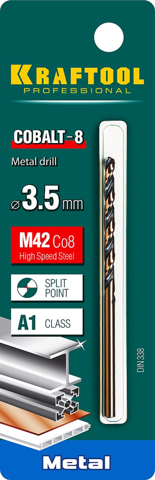 KRAFTOOL COBALT-8, 3.5 х 70 мм, сталь М42, HSS-Co(8%), сверло по металлу (29656-3.5)