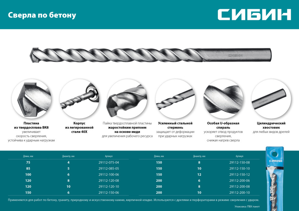СИБИН 8 x 200 мм, сверло по бетону (29112-200-08)