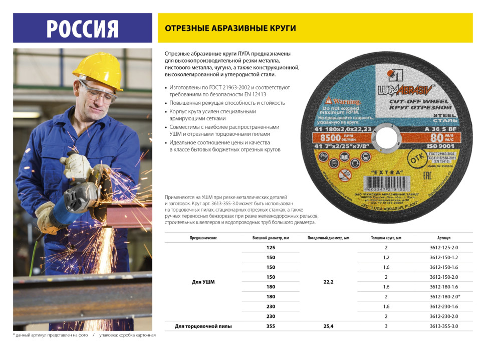 ЛУГА 230 x 2.0 x 22.2 мм, для УШМ, круг отрезной по металлу (3612-230-2.0)
