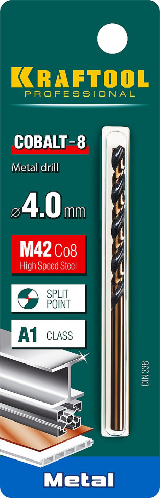 KRAFTOOL COBALT-8, 4.0 х 75 мм, сталь М42, HSS-Co(8%), сверло по металлу (29656-4)