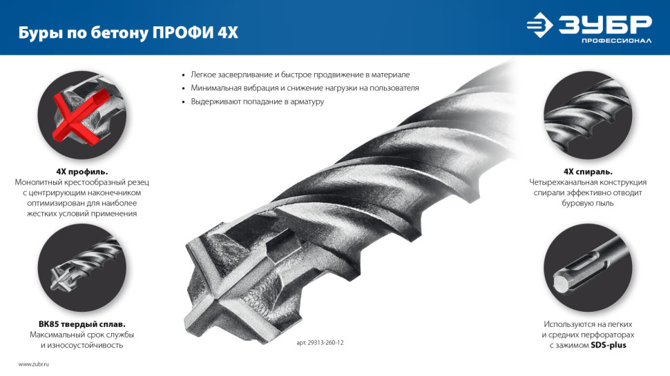 ЗУБР ПРОФИ-4Х 20x310 мм, SDS-plus бур (29313-310-20)