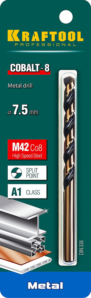 KRAFTOOL COBALT-8, 7.5 х 109 мм, сталь М42, HSS-Co(8%), сверло по металлу (29656-7.5)