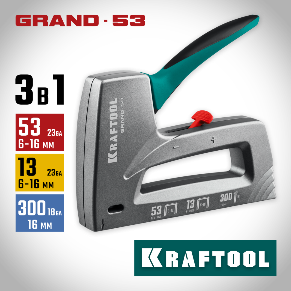 KRAFTOOL GRAND-53, тип 53 (A/10/JT21) 23GA (6 - 16 мм)/13/300, алюминиевый рессорный степлер (3193)
