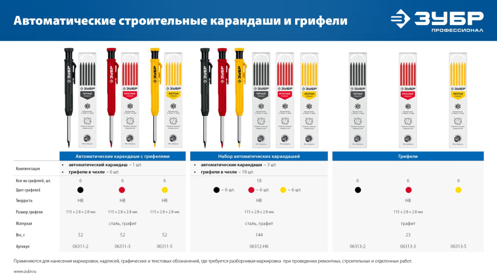 ЗУБР черные, d 2,8 мм, HB, 6 шт грифели для автоматического карандаша (06313-2)