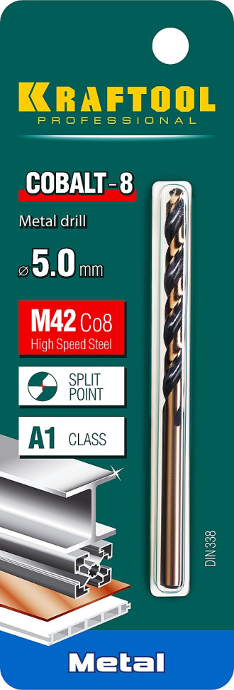 KRAFTOOL COBALT-8, 5.0 х 86 мм, сталь М42, HSS-Co(8%), сверло по металлу (29656-5)