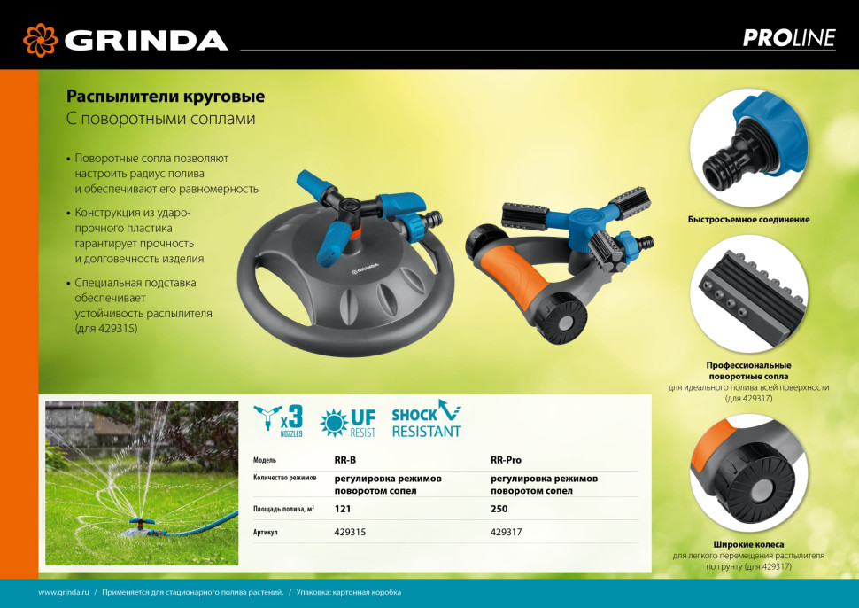GRINDA RR-Pro, 3 сопла, на подставке с колёсиками, ударопрочный пластик, круговой распылитель, PROLine (429317)