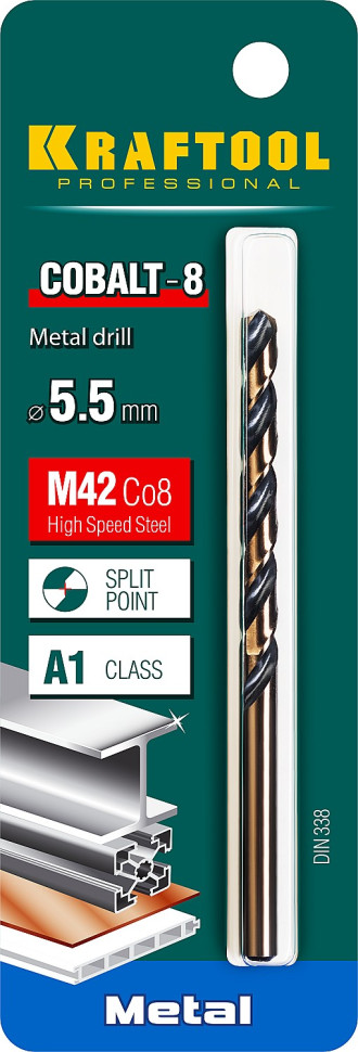 KRAFTOOL COBALT-8, 5.5 х 93 мм, сталь М42, HSS-Co(8%), сверло по металлу (29656-5.5)