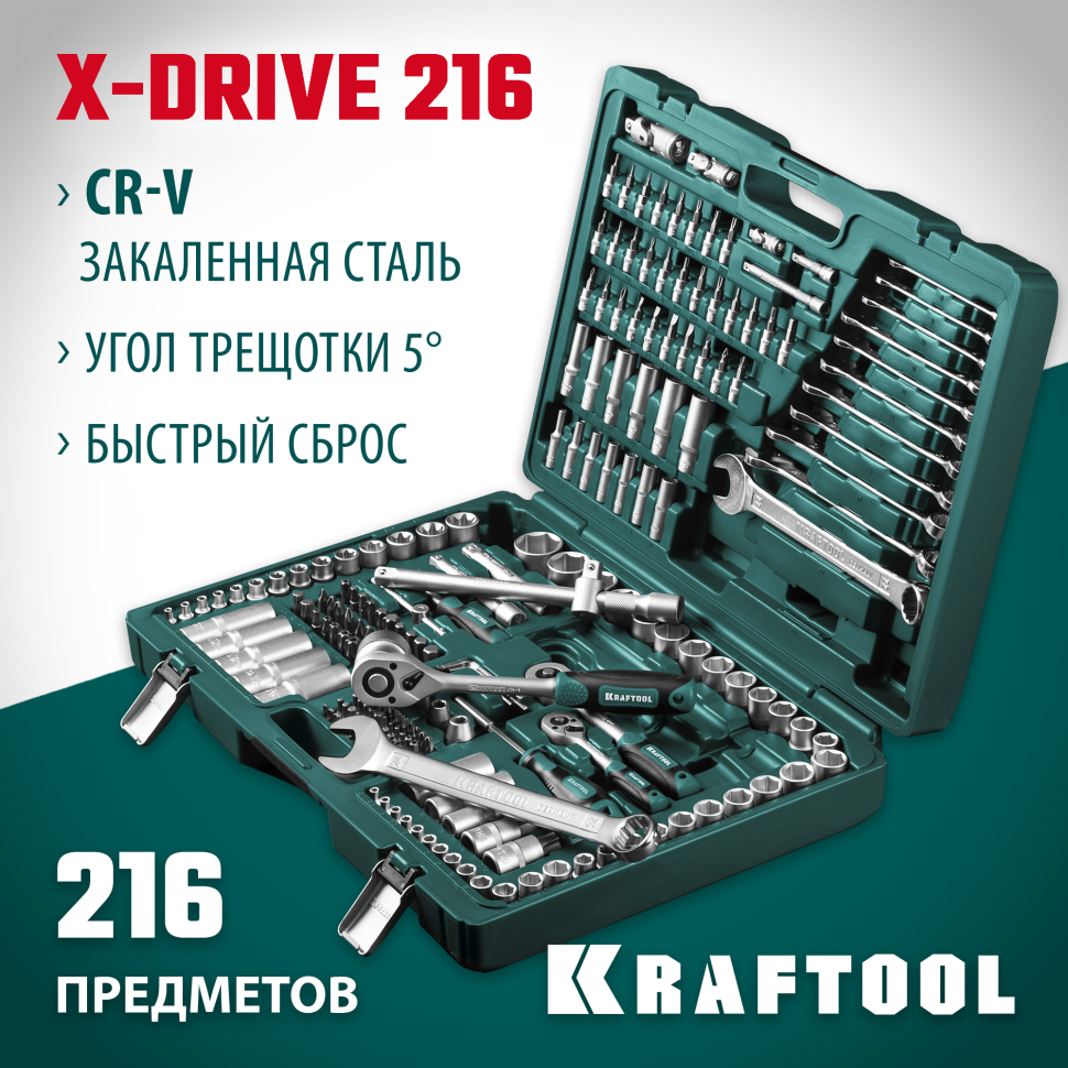 KRAFTOOL X Drive, 216 предм., (1/2″+3/8″+1/4″), универсальный набор инструмента (27888-H216)