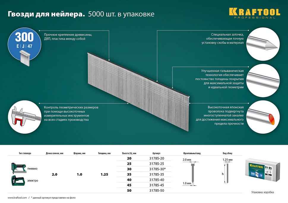 KRAFTOOL гвозди тип 300 (47/J/ F), 25 мм, калибр 18GA. 5000 шт (31785-25)