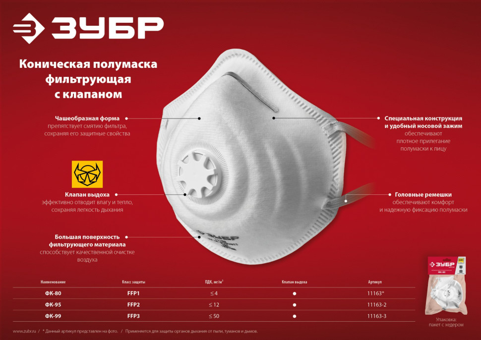 ЗУБР ФК-95, класс защиты FFP2, коническая, фильтрующая полумаска с клапаном выдоха (11163-2)