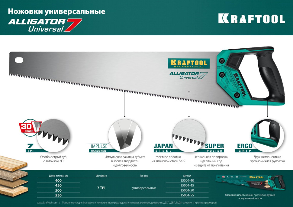 KRAFTOOL Alligator Universal 7, 400 мм, универсальная ножовка (15004-40)