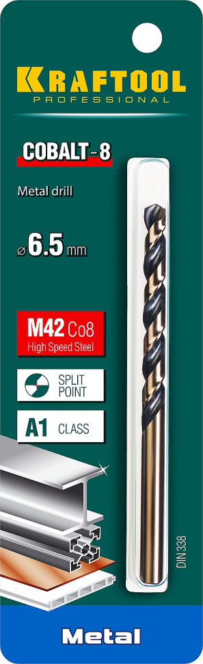 KRAFTOOL COBALT-8, 6.5 х 101 мм, сталь М42, HSS-Co(8%), сверло по металлу (29656-6.5)