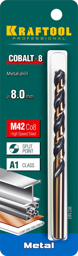 KRAFTOOL COBALT-8, 8.0 х 117 мм, сталь М42, HSS-Co(8%), сверло по металлу (29656-8)