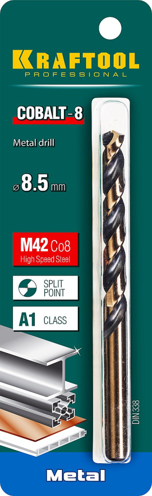 KRAFTOOL COBALT-8, 8.5 х 117 мм, сталь М42, HSS-Co(8%), сверло по металлу (29656-8.5)